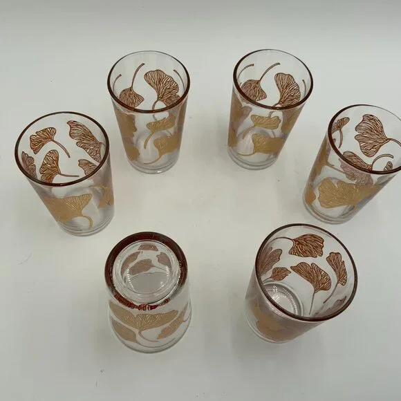 Set of 6 Vintage Moroccan Tea Glasses with Gold Gingko Leaf 4" - Picture 2 of 5